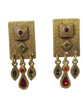 Signed Patricia Locke Retired Water Lily Linear Dangle Gold Crystal Earrings